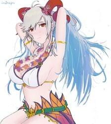 1girls alternate_costume armpits bikini blue_hair colored_inner_hair fire_emblem fire_emblem_heroes flower flower_necklace freyja_(fire_emblem) freyja_(summer)_(fire_emblem) frown grey_hair horns in2naps large_breasts long_hair multicolored_hair nintendo red_eyes solo solo_female swimsuit wet white_bikini white_swimsuit