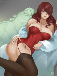 1girls bangs big_breasts bustier fur_coat garter_belt lingerie mitsuru_kirijo nextoad persona persona_3 red_eyes red_hair tagme thighhighs voluptuous