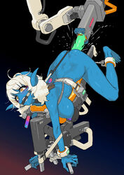 anal_hook ass back barefoot blonde_hair blue_skin bondage bound bound_ankles bound_wrists breasts colored_nipples colored_skin drooling eyeliner fangs female gag gagged highres horns kezime makeup nude original pixel_art purple_nipples ryoko_(kezime) sex_machine solo sweat tears yellow_eyes