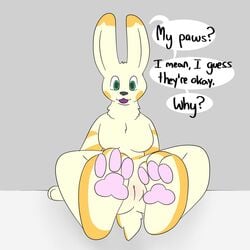 1:1 3_toes anthro bianca_(delta's_art) big_ears breasts delta's_art dipstick_tail english_text featureless_breasts feet female foot_focus fur genitals green_eyes humanoid lagomorph leporid mammal markings multicolored_tail neck_tuft no_nipples open_mouth orange_markings pawpads paws pink_pawpads pink_pussy pussy rabbit simple_background sitting solo tan_body tan_fur text toes tuft