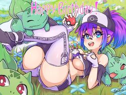 1girls bebatch between_breasts blue_eyes bulbasaur cap cleavage cute female happy_birthday melody_(projektmelody) nintendo pokémon_(species) pokemon projektmelody purple_hair shiny_bulbasaur shiny_pokemon thick_thighs thighs underboob virtual_youtuber vshojo