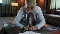 1girls 3d 3d_(artwork) 4k :>= absurdres batman:_arkham_origins batman_(series) big_breasts big_penis blender blonde_hair blowjob blue_eyes cum cum_in_mouth cum_inside dark-skinned_male dark_skin dc dc_comics doctor dr._harleen_quinzel erection fellatio female female_focus giant_penis glasses harleen_quinzel highres huge_breasts huge_cock injustice_2 interracial light-skinned_female looking_at_viewer male_pov oral partial_male pov rigid3d veiny_penis