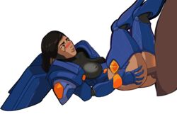 animated armor armored_boots ass ass_grab black_hair blush color colored cropped_legs dark-skinned_female dark-skinned_male dark_skin faceless_male facial_mark facial_tattoo female grabbing_own_ass legs_up lying male male/female mechanical_wings nipples_visible_through_clothing on_back overwatch penetration pharah proza sex shoulder_pads simple_background tattoo thighhigh_boots white_background wings