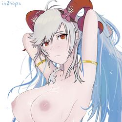 1girls alternate_costume armpits bikini blue_hair colored_inner_hair cum cum_on_breasts fire_emblem fire_emblem_heroes freyja_(fire_emblem) freyja_(summer)_(fire_emblem) frown grey_hair horns in2naps large_breasts long_hair multicolored_hair nintendo nipples red_eyes solo solo_female swimsuit topless wet white_background white_bikini white_swimsuit