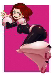 1girls ass bodysuit boots brown_eyes brown_hair female female_only female_superhero hero_outfit_(mha) latex latex_suit my_hero_academia ochako_uraraka short_hair skin_tight superheroine tight_clothing tight_fit tight_pants