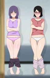 2girls aged_up agung911 bare_arms bare_shoulders barefoot black_eyes black_hair blush boruto:_naruto_next_generations clothed clothing embarrassed feet female female_focus female_only flat_chest glasses kakei_sumire looking_at_viewer medium_hair naruto naruto_(series) nervous pale-skinned_female pale_skin panties pants_down partially_clothed pink_panties pose posing purple_eyes purple_hair sarada_uchiha short_black_hair short_hair shorts shorts_down shoulder_length_hair shounen_jump shy sleeveless sleeveless_shirt small_breasts standing t-shirt tank_top teenager toes underwear undressed undressing white_panties