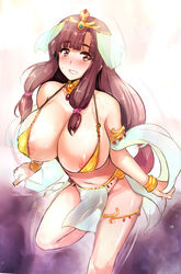 1girls areola_slip areolae bangs bare_shoulders blush breasts brown_eyes brown_hair circlet cleavage collarbone dancer dancer_outfit female goban grin harem_outfit highres huge_breasts jewelry leaning_forward loincloth long_hair looking_at_viewer navel ribbon saaya_(suisei_no_gargantia) sidelocks smile solo standing stomach suisei_no_gargantia sweat thighlet veil