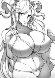 1girls alternate_breast_size alternate_costume belly belly_button big_breasts bikini black_and_white breasts cleavage female fire_emblem fire_emblem_heroes flower flower_in_hair freyja_(fire_emblem) freyja_(summer)_(fire_emblem) goat goat_horns horn horns huge_breasts large_breasts long_hair looking_at_viewer monster_girl nintendo plushie solo solo_female swimsuit tea_texiamato thick_thighs white_hair wide_hips