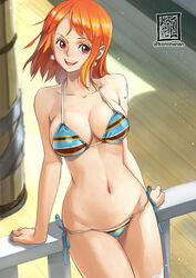 1girls belly_button bikini brown_eyes ear_piercing female female_focus female_only konohana nami navel one_piece orange_hair railing ship short_hair smile solo striped_bikini stripes sunlight