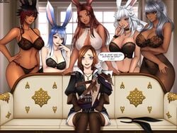 6girls animal_ears areolae biting_lip blue_eyes blue_hair bra breasts brown_hair bunny_ears choker couch elllie_artemis final_fantasy final_fantasy_xiv hand_on_hip hyur large_breasts long_hair lyna_(final_fantasy_xiv) meme multicolored_hair multiple_girls nipples panties piper_perri_surrounded purple_eyes red_eyes see-through_bra see-through_clothing see-through_panties short_hair smile smiling square_enix text text_bubble viera white_hair