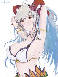 1girls alternate_costume armpits bikini blue_hair cleavage colored_inner_hair fire_emblem fire_emblem_heroes freyja_(fire_emblem) freyja_(summer)_(fire_emblem) frown grey_hair horns in2naps large_breasts long_hair multicolored_hair nintendo red_eyes solo solo_female swimsuit wet white_bikini white_swimsuit