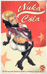 back_view big_ass blonde_hair bodysuit clothed fallout fallout_3 fallout_4 fallout_76 female firearm full_body handgun human nuka-cola nuka-cola_quantum nuka_girl only_female pale_skin poster propaganda sci-fi_gun thirst_zapper top_view weapon zarietu