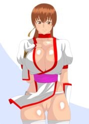 absurdres accidental_exposure breasts brown_hair bursting_breasts cameltoe dead_or_alive embarrassed female hair_ribbon hand_on_own_chest highres huge_breasts kagemusha kasumi_(doa) no_bra no_panties no_underwear pussy ribbon tagme tecmo thick_thighs thighhighs thighs