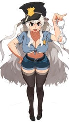 1girls badge barleyshake black_eyes black_legwear black_stockings cleavage cow_ears cow_horns cow_print handcuffs hat king_uma long_hair police_hat police_uniform policewoman scar shackles short_shorts shorts sidelocks simple_background stockings the_god_of_highschool thick_eyebrows tongue underboob white_hair wide_hips