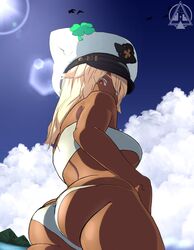 1girls arc_system_works ass bikini blonde_eyelashes blonde_hair butt dark-skinned_female dark_skin dat_ass dizzle guilty_gear guilty_gear_xrd looking_down_at_viewer orange_hair petite ramlethal_valentine solo white_eyelashes white_hair