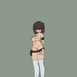 1girls bag blush breasts brown_hair clock cuffed cum female hidden_vibrator messy_hair smile smiling socks standing vibrator