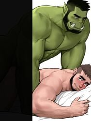 2boys abs anal bara beard blush censored colored_skin dopq facial_hair fangs fantasy gay green_skin happy_sex highres interspecies jang_ju_hyeon looking_at_another lying male male_focus male_only mature_male monster_boy multiple_boys muscular muscular_male nipples on_stomach orc orc_on_human original pectorals reward_available sex short_hair size_difference smile stomach thick_eyebrows thighs warrior yaoi