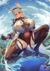 animal_ears blue_hair boat cameltoe erect_nipples eula_(genshin_impact) fox_ears genshin_impact giantess high_heels huge_breasts huge_thighs hyper_breasts hyper_thighs leotard nipple_bulge red_eyes size_difference smug spread_legs squatting suerte thigh_high_boots