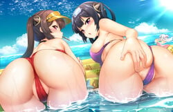 >:o 3girls ahoge alternative_costume anus_peek arm_support armpits ass ass_focus ass_grab azur_lane bangs bare_shoulders beach bent_over bikini bikini_bottom black_hair blue_sky blush breasts brown_hair cameltoe choker clothing cloud day dutch_angle eyebrows_visible_through_hair fat_mons female female_only floatie floating from_behind goggles goggles_on_head grabbing_own_ass groping hair_ornament hair_rings hairband hat headwear high_resolution inflatable_raft innertube ipuu_(el-ane_koubou) large_ass light_skin long_hair looking_at_viewer looking_back medium_breasts mouth_hold multiple_girls ning_hai_(azur_lane) ning_hai_(summer_hunger)_(azur_lane) ocean open_mouth outdoors pantsu partially_submerged partially_visible_anus partially_visible_vulva ping_hai_(azur_lane) ping_hai_(merry_summer)_(azur_lane) pink_eyes popsicle_stick presenting presenting_hindquarters purple_bikini purple_eyes pussy_peek red_bikini red_eyes red_swimsuit siblings sister sisters sky splashing spreading spreading_ass sunlight swimsuit take_your_pick thick_thighs thigh_gap thighs thong thong_bikini thong_swimsuit tied_hair tsurime twintails twisted_torso underwear universal_bullin_(azur_lane) visor_cap wading wet wide_hips