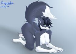 absurd_res all_fours angry anthro areola big_breasts black_hair black_nose breasts canid canine canis digital_media_(artwork) dipstick_tail dragonblue900 female fluffy fluffy_tail full-length_portrait fur green_eyes grey_body grey_fur hair hi_res inner_ear_fluff looking_at_viewer mammal multicolored_tail nipples nude pawpads portrait raised_tail simple_background solo tuft white_body white_fur wolf