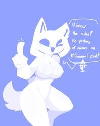 2021 4_fingers anthro blue_eyes blue_mouth blush breasts clyde_(discord) dialogue digital_drawing_(artwork) digital_media_(artwork) discord_(app) english_text felid feline felis female female_only fingers genitals gesture hand_behind_back hi_res looking_at_viewer mammal meme monotone_body monotone_tail nipples nude one_eye_closed pussy raised_hand sakanagashima signature simple_background smile smiling_at_viewer solo speech_bubble standing talking_to_viewer text wink