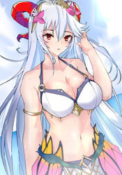 1340smile 1girls adjusting_hair alternate_costume bare_arms bikini blue_hair cleavage fire_emblem fire_emblem_heroes flower freyja_(fire_emblem) freyja_(summer)_(fire_emblem) hair_flower horns large_breasts long_hair nintendo red_eyes solo solo_female sweat swimsuit very_long_hair wet white_bikini white_swimsuit