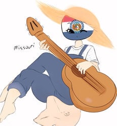 1boy 1girls acoustic_guitar barefoot clothed clothing countryhumans countryhumans_girl facesitting female female_focus flawsy fully_clothed guitar humanoid male missouri_(countryhumans) musical_instrument solo_focus statehumans statehumans_girl united_states_of_america_(countryhumans)