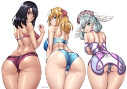 3girls ass ass_cleavage bikini black_hair blonde_hair butt_crack female_only fiora_(xenoblade) looking_back melia_antiqua nintendo onomeshin presenting_hindquarters sharla_(xenoblade) swimsuit triple_ass_focus white_hair xenoblade_(series) xenoblade_chronicles