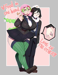 1boy 1girls alternate_costume ass big_ass big_breasts black_hair braided_hair breasts canon_couple demon_slayer eating english english_text fat_ass female food fully_clothed green_eyes green_hair heart holding_hands huge_ass huge_breasts iguro_obanai kaburamaru kanroji_mitsuri kimetsu_no_yaiba larger_female male massive_breasts miniskirt multicolored_hair pink_hair school_uniform sfw size_difference skirt smaller_male thick_ass thick_thighs thighhighs tingtongten wholesome