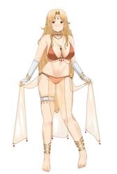 1girls absurdres alternate_costume barefoot bikini blonde_hair blush bracelet breasts bridal_gauntlets brigid_(fire_emblem) brown_eyes commission female fire_emblem fire_emblem:_genealogy_of_the_holy_war full_body harem_outfit headpiece highres jewelry large_breasts long_hair necklace nintendo nvl orange_bikini sheer_clothes simple_background solo solo_female swimsuit thigh_strap underwear white_background