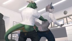 2021 anthro ass aythen balls biped canid canine clothed clothing computer detailed_background dragon duo erection eyebrows fur genitals green_body green_eyes green_scales grey_body grey_fur horn imminent_sex inside laptop lynncore male male/male mammal office open_mouth pants_down partially_clothed penis perineum rear_view scales scalie shirt standing topwear tox_(greendragontea) white_clothing white_horn