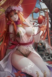 apple bangs bare_shoulders branch breasts cleavage dress ecchi1008816 flower fruit hair_ornament highres large_breasts long_hair looking_at_viewer red_hair revealing_clothes rose sash see-through sitting skull sky smile tower_of_saviors tree yellow_eyes