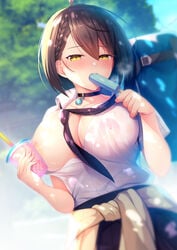 areola_slip areolae azur_lane baltimore_(after-school_ace)_(azur_lane) baltimore_(azur_lane) bangs black_choker black_neckwear black_skirt blurry blurry_background blush braid breasts brown_hair bubble_tea cardigan cardigan_around_waist choker cleavage clothes_around_waist collared_shirt convenient_censoring covered_nipples cup dappled_sunlight day disposable_cup dutch_angle eating female food highres holding holding_cup holding_food jewelry large_breasts looking_at_viewer loose_necktie necktie nipples no_bra nose_blush noukatu one_breast_out open_clothes open_shirt pendant pleated_skirt popsicle school_uniform see-through shirt short_hair short_sleeves side_braid skirt solo sunlight sweat wet wet_clothes wet_shirt white_shirt yellow_eyes