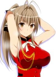 ahoge aiguillette amagi_brilliant_park armpits bangs bare_arms bare_shoulders black_skirt blush breasts brown_eyes brown_hair eyebrows_visible_through_hair female female frilled_skirt frills hair_between_eyes hair_intakes hair_ornament hair_ribbon hera_(hara0742) high_resolution large_breasts long_hair looking_at_viewer miniskirt one_arm_up open_mouth red_shirt ribbon sento_isuzu shirt simple_background skirt sleeveless sleeveless_shirt smile solo sweat upper_body white_background