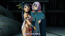 2girls animated annelotte cloak clothing female fondling fondling_breast human inspection lunaluna multiple_girls queen's_blade queen's_blade_rebellion screencap