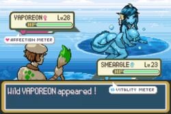 1boy 1girls animated anthro awake blue_hair blue_skin completely_nude completely_nude_female female full_body game_ui gameplay_mechanics karrobyte naked naked_female nintendo nude nude_female pixel_art pokémon_(species) pokemon pokemon_battle smeargle tail text vaporeon water wet