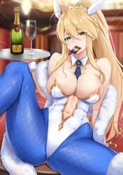 1girls artoria_pendragon artoria_pendragon_(lancer) artoria_pendragon_(swimsuit_ruler) bunny_ears bunnysuit condom condom_in_mouth condom_wrapper cyi cyicheng fate/grand_order fate_(series) leotard leotard_aside nipples pantyhose pussy solo torn_pantyhose uncensored