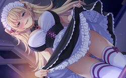 elf hamashima_shigeo maid nopan pointy_ears pussy skirt_lift thighhighs wallpaper