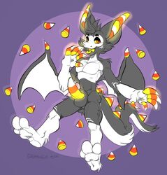 absurd_res anthro balls candy candy_corn candy_corn_finger candy_corn_penis canid canine canis chiropteran claws colored dessert digital_media_(artwork) dragon emufur fangs fangz_the_bat-dragon food fur genitals glowing glowing_claws glowing_ears glowing_eyes glowing_genitalia glowing_markings glowing_penis glowing_tongue grey_body grey_fur hair halloween hi_res holidays horn hybrid looking_at_viewer male mammal markings membrane_(anatomy) membranous_wings neck_tuft nude open_mouth orange_body orange_fur pawpads paws penis pubes signature simple_background smile solo tongue tuft wings