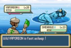 1boy 1girls animated anthro blue_hair blue_skin completely_nude completely_nude_female female full_body game_ui gameplay_mechanics karrobyte naked naked_female nintendo nude nude_female pixel_art pokémon_(species) pokemon pokemon_battle pussy sleeping smeargle tail text vaporeon water wet