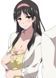 1girls :d adachi_eiko amagi_brilliant_park black_hair blush breasts brown_eyes condom condom_between_breasts hairband hera_(hara0742) inviting_to_sex large_breasts long_hair simple_background smile white_background