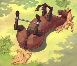 anatomically_correct anatomically_correct_anus anatomically_correct_genitalia anatomically_correct_pussy animal_genitalia animal_pussy anus ass ball_gag blonde_hair bondage breasts brown_body conditional_dnp crotchboobs equid equine equine_anus female feral gag genitals hair hi_res horse horsepussy jotun22 looking_at_viewer lying mammal muzzle_(object) muzzled on_back outside presenting pussy solo spread_legs spreader_bar spreading