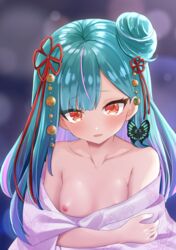 blurry blurry_background breasts collarbone commentary_request female green_hair hair_bun hair_ornament highres hololive hololive_fantasy hololive_japan japanese_clothes kimono looking_at_viewer makesound medium_hair multicolored_hair nipples open_mouth portrait red_eyes small_breasts solo uruha_rushia virtual_youtuber yukata