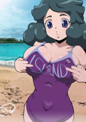 1girls beach big_breasts blue_eyes breast_press cute green_hair hips huge_breasts inazuma_eleven inazuma_eleven_ares_no_tenbin purple_swimsuit swimsuit umihara_norika