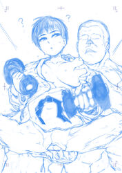 1boy ? akatsuki_katsuie bangs blue_theme breast_grab covered_navel cowboy_shot faceless faceless_male female grabbing highres monochrome nipples open_mouth original short_hair sketch sweat weightlifting