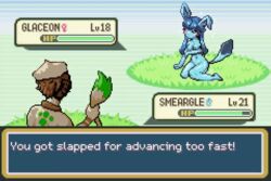 1boy 1girls animated anthro blue_hair blue_skin game_ui gameplay_mechanics glaceon karrobyte nintendo pixel_art pokémon_(species) pokemon pokemon_battle smeargle text