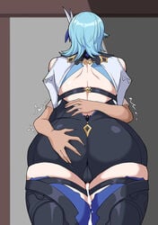 1boy 1girls ass ass_focus ass_grab clothed_female_nude_male cum cum_on_thighs drogod_(artist) ejaculation_between_thighs eula_(genshin_impact) genshin_impact huge_ass penis_between_thighs thigh_fetish thigh_sex thigh_squish thighjob tight_grip