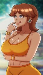 1girls beg4cake blue_eyes earrings legwear light_skin light_skinned_female mario_(series) nintendo princess princess_daisy short_hair sports_bra sportswear tomboy tongue voluptuous yoga_pants