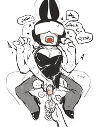 anal_sex blush bunny_ears bunnysuit captain_(tankmen) crossdressing cum exposed_nipples fishnet_stockings fishnets gay handjob high_heels leaking_cum male_only moaning newgrounds pantyhose sweat tankmen tkttnsfw yaoi