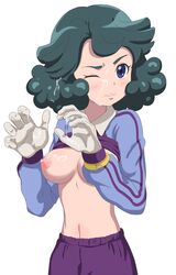 1girls breasts cum cum_on_breasts cum_on_face cum_on_hair cum_on_hand dark_hair female gloves green_hair inazuma_eleven inazuma_eleven_ares_no_tenbin one_eye_closed sandra_fischer short_hair solo solo_female sportswear tantancossin umihara_norika